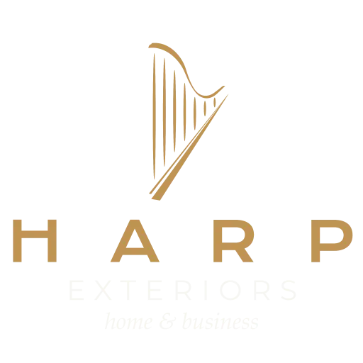 full harp exteriors home & business logo including gold harp on a transparent background with gold and white lettering
